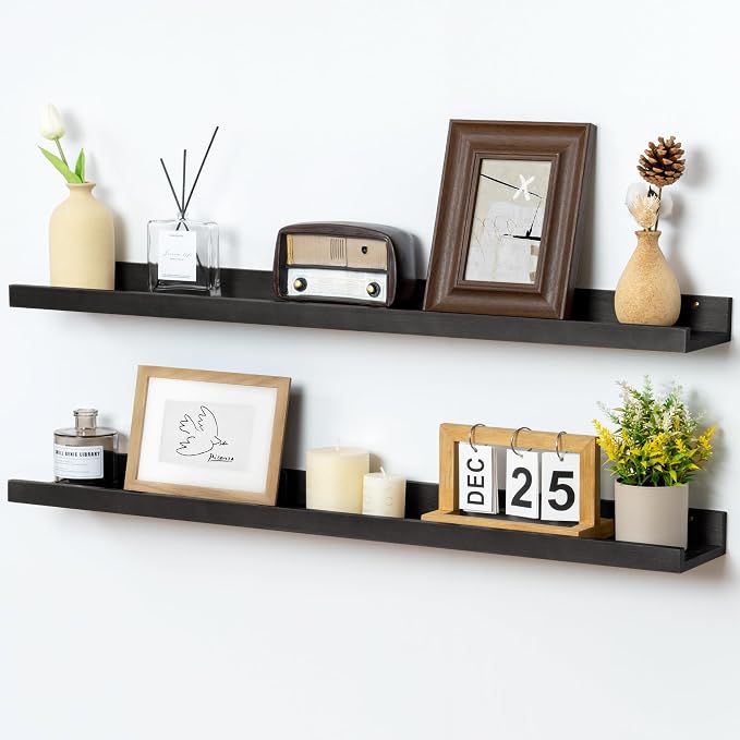 FLYJOE Picture Ledge Shelf Wall, 36 inch Solid Ash Wood Nursery Book Shelves 2 Packs, Floating Ledge Shelves for Kids' Room Bedroom Bathroom Living Room Photo Frames Office Nursey Wall Decor, Black