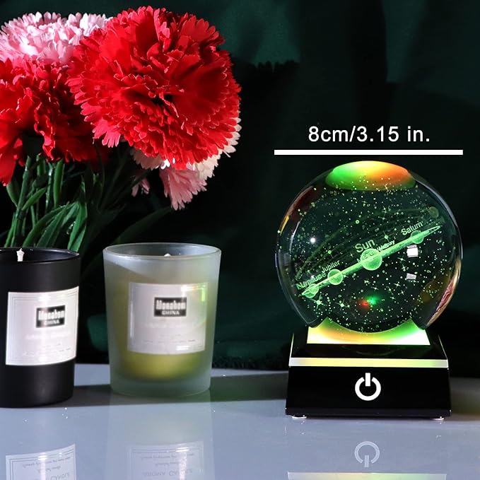 3.15" K9 Crystal 3D Solar System Ball with Black LED Colorful Lighting Touch Base, Engraving Solar System Star Planet Model Decor, Science Universe Astronomy Gifts for Astronomy Lovers