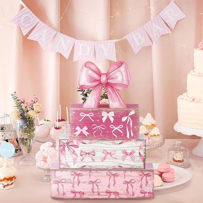 Conelist 4 Pcs Pink Bow Room Decoration Galentines Coquette Gift Pink Bow Block Sign Centerpiece for Table Gift for Teen Girl Birthday Bachelorette Bridal Wedding Baby Shower Valentines Party Supplies
