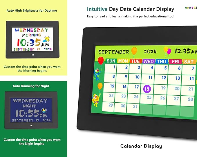 MASSII Digital Teaching Clock Talking Time, 24 Alarms Custom Reminders, Checklist to-Do List, Auto DST & Calendar Display, Sleep Trainer, Easy to Use for Kids Birthday Gift- Black with Remote