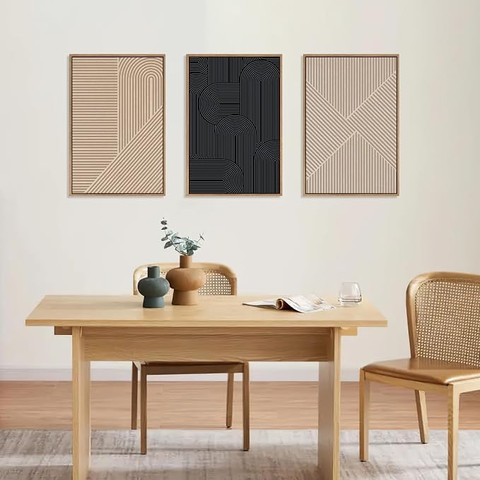 LHIUEM Large Abstract Textured Line Framed Canvas Wall Art,Boho Beige Black Wall Decor,Modern Neutral Minimalist Art Painting Painting for Living Room,Bedroom,Dining Room,Office -24"x36"x3