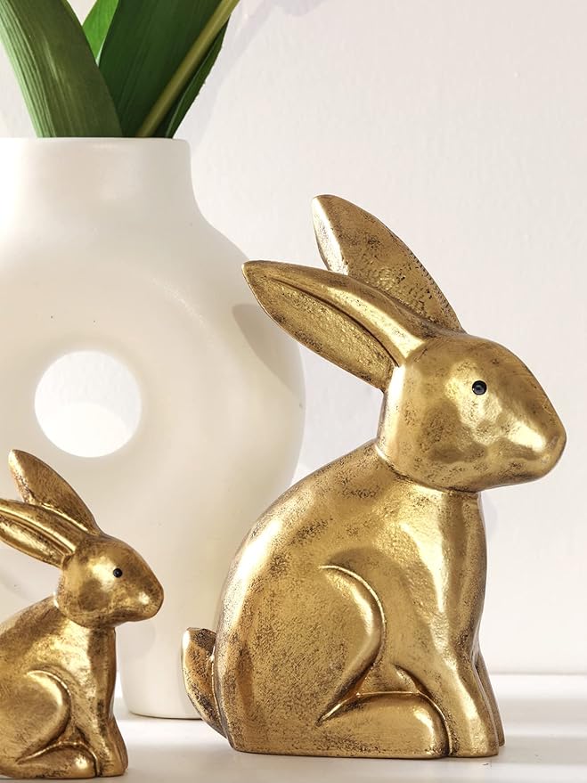 DN DECONATION Golden Bunny Figurines, Wooden Bunny Decor, Small Easter Rabbit Statue Set of 2, Vintage Easter Decorations, Bunny Decorations for Home, Spring Decor, Gift