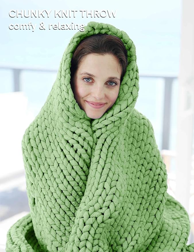 YnM Chunky Throw Blanket, Medium-Weight, Hand Knitted, Skin Friendly, Ventilated and Breathable, Machine Washable, Home Décor Piece for Couch, Sofa and Bed (Avocado Green, 60x80 Inch)