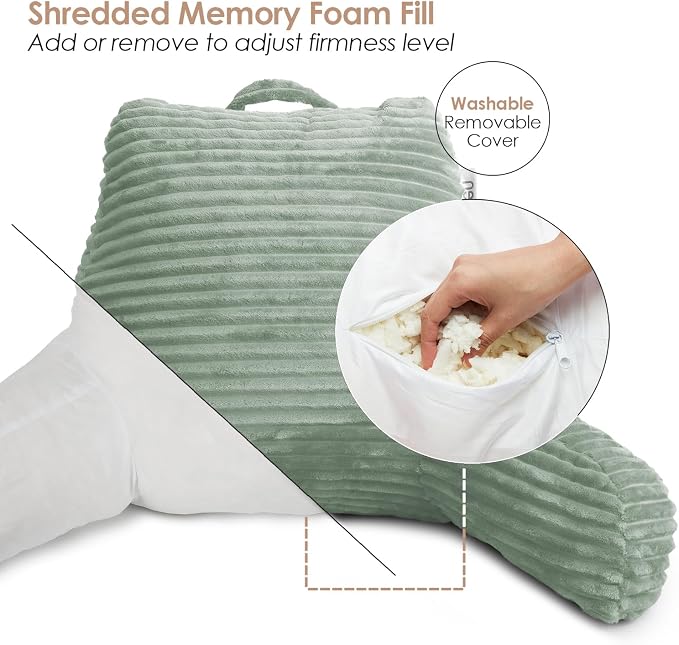 Hearth & Harbor Reading Pillow for Bed Adult – Back Pillow for Sitting in Bed, Standard Bed Pillows for Sitting Up in Bed, Foam Bed Chair Pillow, Sage Green Bed Rest Pillow