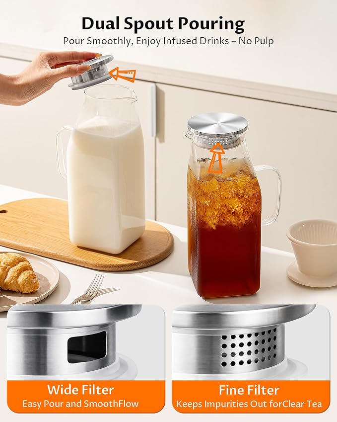 68oz Borosilicate Glass Pitcher with Lid and Handle – Square Water Carafe with Filter Spout for Hot & Cold Drinks, Iced Tea, Juice, and Fridge Storage