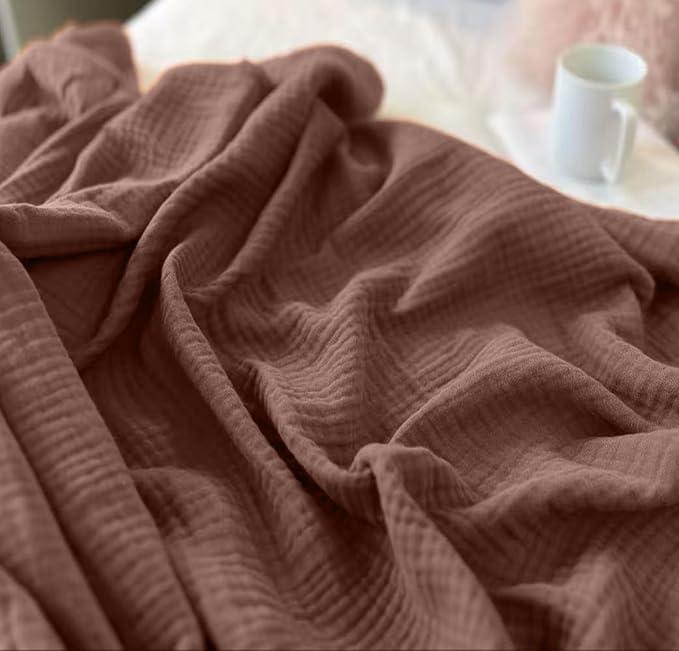 KyraHome 100% Organic Cotton Throw Blankets, 90“x90” Queen, Pre-Washed Muslin Blanket, Plant Dyed, Breathable Lightweight Gauze Summer Blankets for Adults, Bed, Couch, All Season, (Brown)