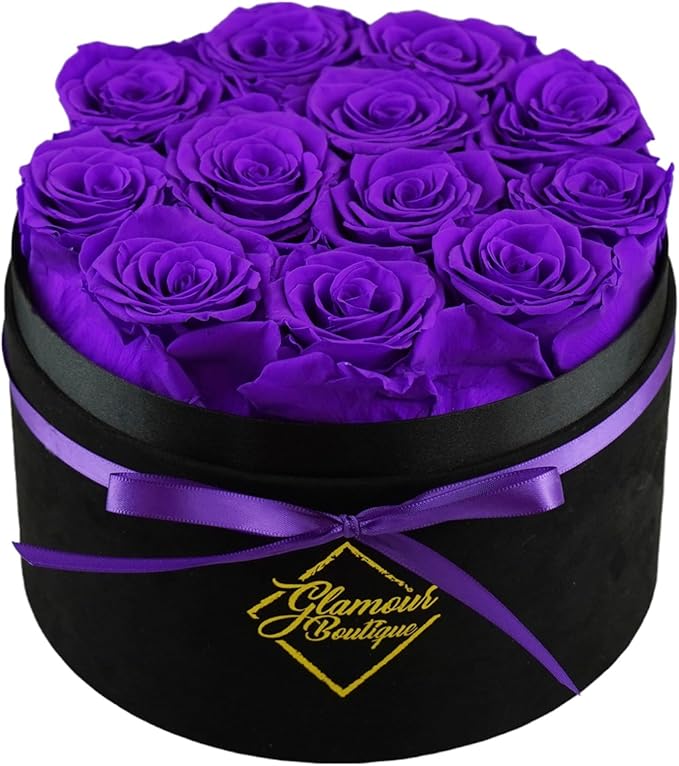 GLAMOUR BOUTIQUE Flowers Forever Gift Box, 12 Real Preserved Roses in Velvet Box, Floral Gift for Her, Mom or Wife for Birthday, Mother’s Day, Anniversary or Graduation, Purple (Color-Treated)