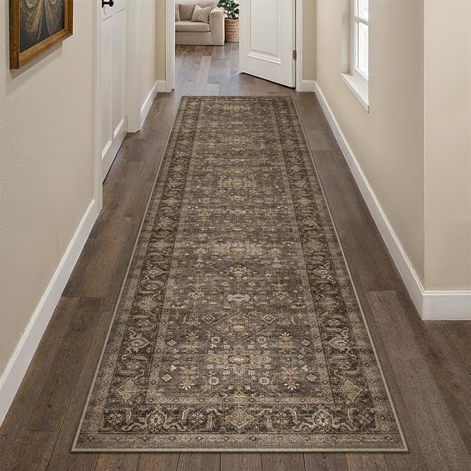 2x10 Washable Runner Rug for Hallway Kitchen Vintage Brown Non Slip Low Pile Carpet Traditional Retro Soft Throw Rug for Bathroom Bedroom Entryway Indoor Entrance