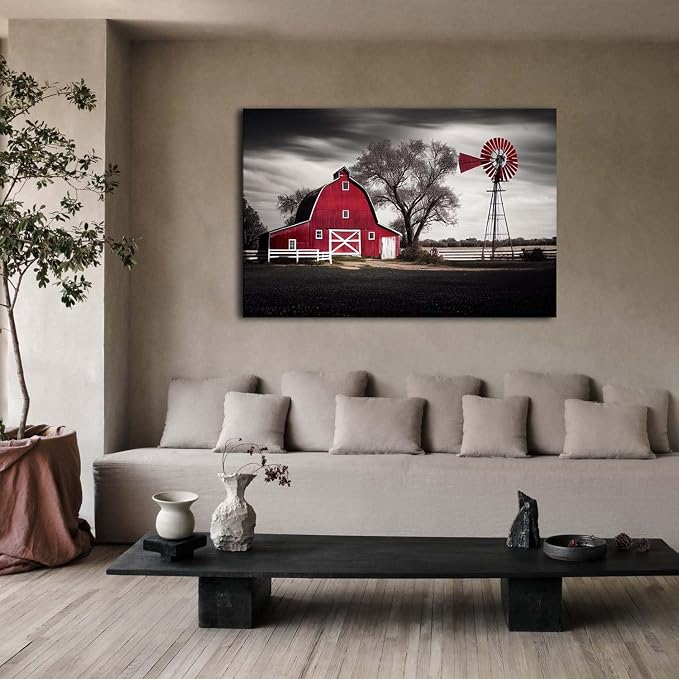 Large Barn Picture Wall Decor Rural Country Red Windmills Canvas Wall Art for Living Room Retro Farmhouse Black and White Cabin Painting Rustic Western Scenery Posters Bedroom Home Decorations 32x48"