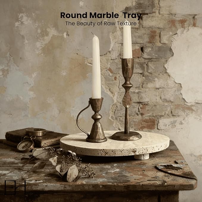 Beige Travertine Marble Riser - Round Pedestal Marble Trivet Vanity Tray with 3 Feet, Minimalist Stone Display Stand for Bathroom Counter, Kitchen, Perfume, Jewelry & Scented Candles (Middle)