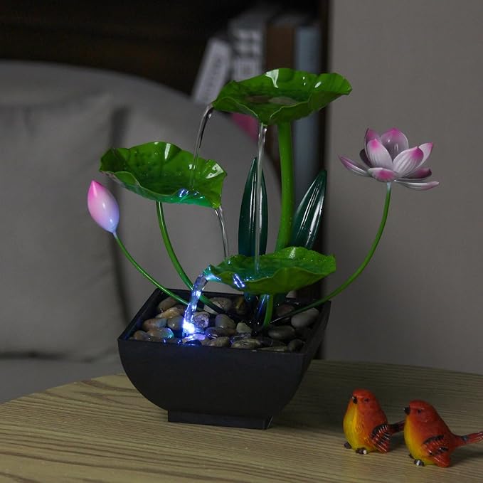 Water Fountain Indoor Waterfall Fountain 3-Tier Tabletop Fountain Lotus Desk Relaxation Home Decor Including Lots of Rocks and Soothing Sound Machine (Green 2)