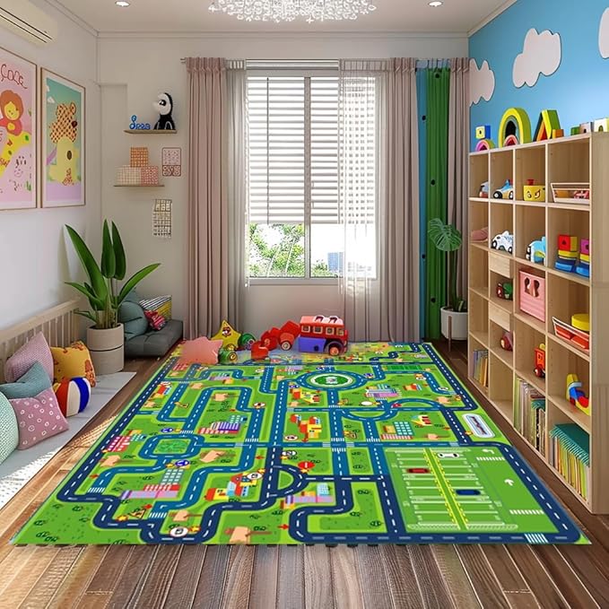 Car Rug Road Rug Kid Play Mat,Playroom Toy Car Mat,Kids Carpet City Map for Bedroom Classroom,Extra Large Thick (59X39.4 Inch)