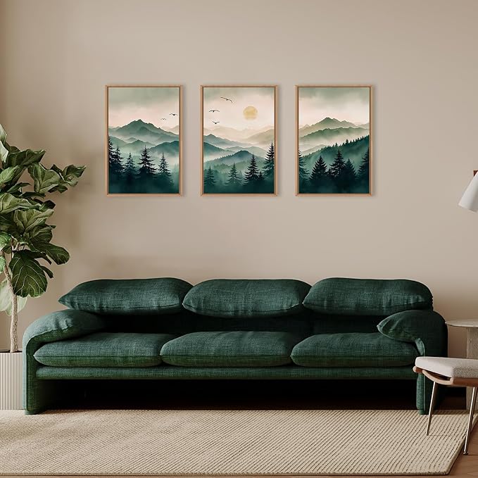 Large Boho Mountain Framed Canvas Wall Art Set 16"x24"x3 | Misty Forest Landscape Neutral Pine Tree Nature Sunrise Art Prints Living Room Bedroom Dining Room Office