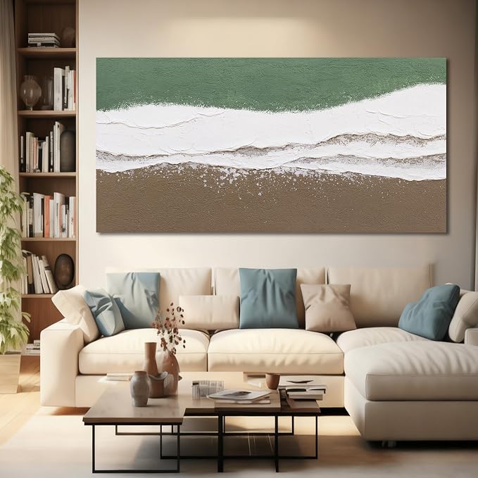 ZUNARE Large Abstract Wall Art Green and White Canvas Artwork with Natural Brown Accents, Contemporary Calm Wall Decor for Living Room Bedroom Office Kitchen 29"x58"