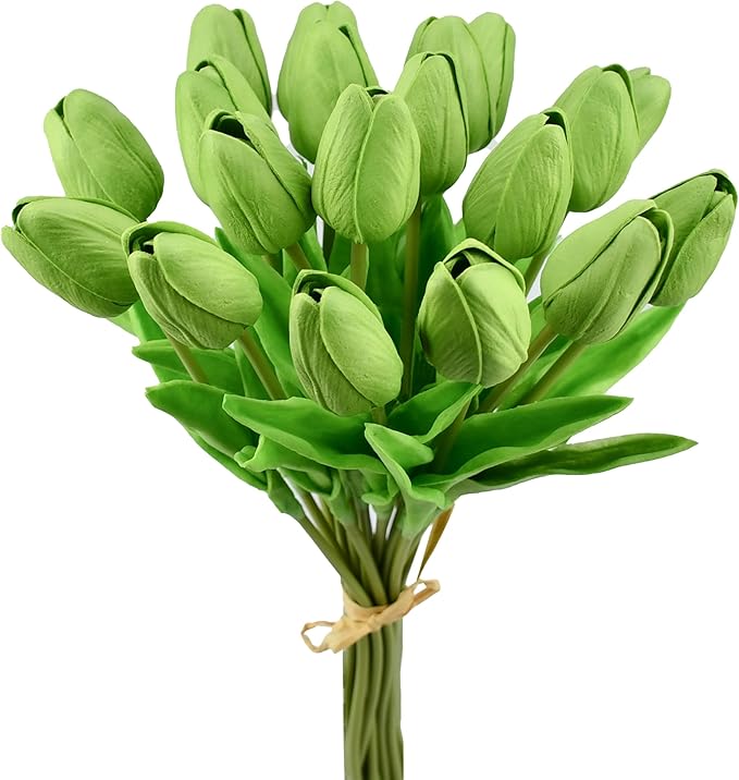 Mandy's Green Artificial Tulips Flowers Centerpiece, 13.5" Lifelike PU Fake Floral Stems 20pcs for Kitchen Island & Dining Table, Spring Decor for Easter