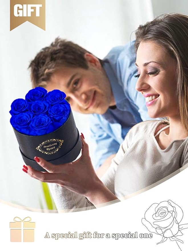 Beaulasting Long Lasting Preserved Roses in a Box Last a Year Forever Flowers for Her Mom Wife Anniversary Birthday (Round Black Box, Royal Blue)