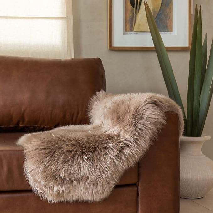 Premium Genuine Sheepskin Rug – Soft & Fluffy Single Pelt (2’ x 3’) Beige Lambskin Area Rug for Bedroom, Living Room Or Chair Cover Sheepskin Throw – Made in Argentina