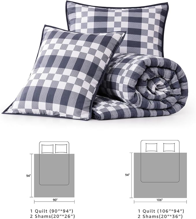 WRENSONGE Plaid Queen Quilt-3 Pieces Lightweight Bedspread Blue Grey Quilt Queen Size Quilt Bedding Set for All Seasons, Soft Summer Reversible Neutral Coverlet with 2 Pillow Shams