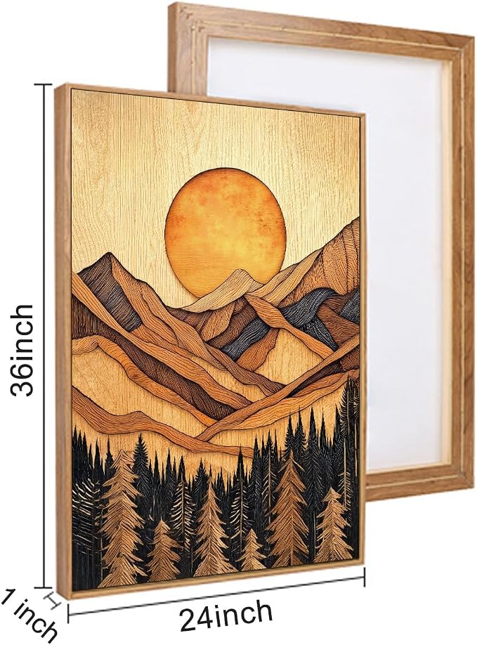 Boho Mountain Framed Canvas Wall Art Set, Vintage Pine Tree Wall Decor, Nature Forest Landscape Art Prints,Brown Woodcut Style Artwork for Living Room, Bedroom, Office -24''x36''x3