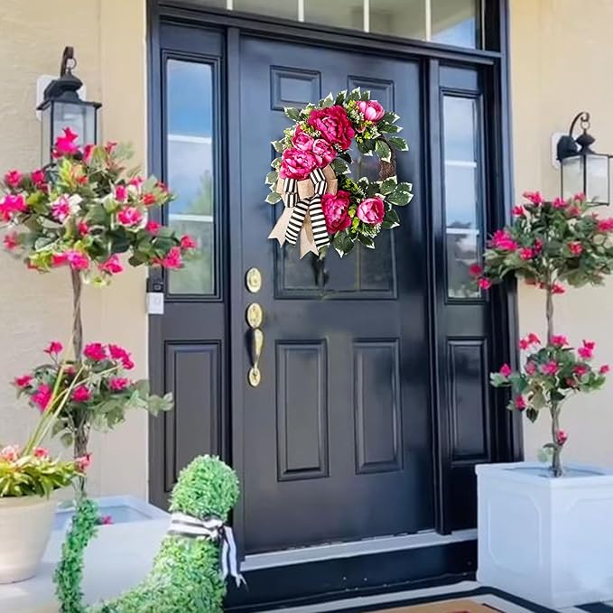 Spring Summer Wreath for Front Door,hot Pink Peony Wreath, Valentine Decor,Housewarming Gift, Wedding Door Decoration,Farmhouse Porch Decor, 20 inch
