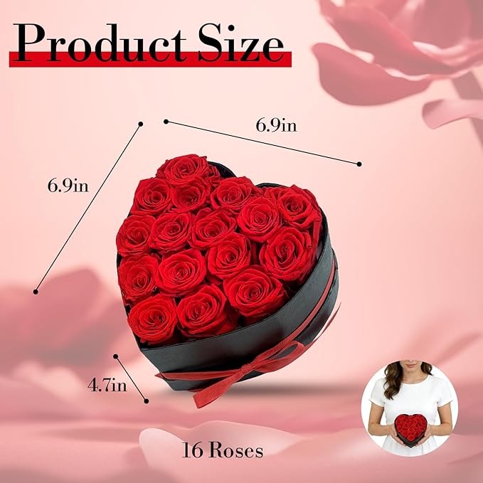 Preserved Roses Heart Shape Box Valentines Day Gifts for Her Mothers Day Forever Flowers (Red, 16 Roses)