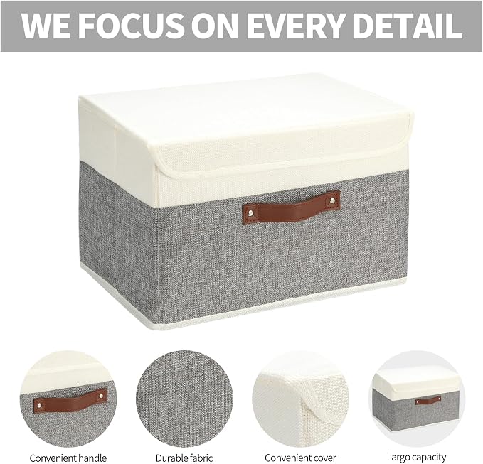 SAMORADREA 8 Pack Storage Bins Foldable Storage Boxes Fabric Storage Box with Lid & Handle Large Washable Organizer Bulk for Office, Home, Books, Clothes, Bedroom, Closet, (15INx10INx10IN White/Grey)