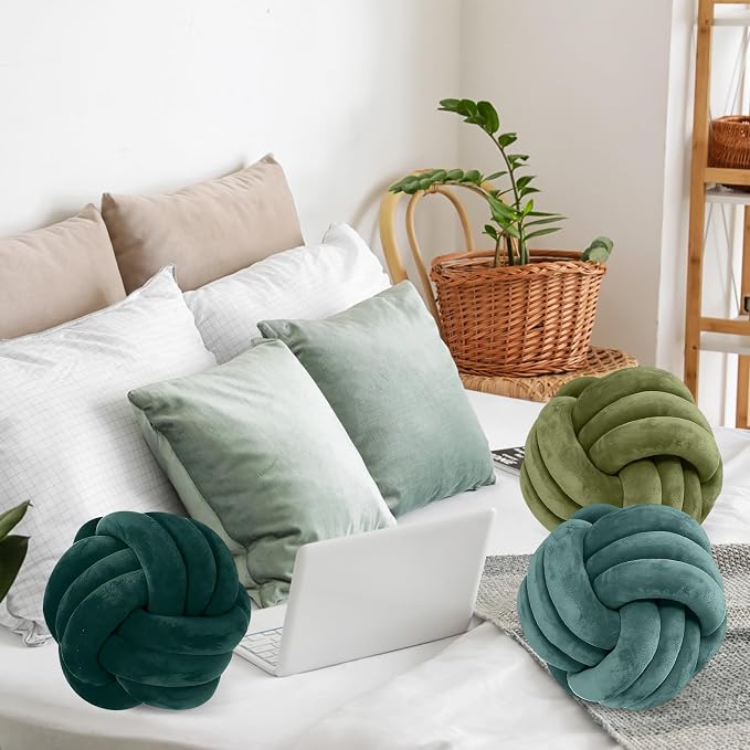 Yerliker 4 Pcs Knot Pillow Ball, 8.7 Inches Soft Home Decorative Round Throw Pillow Handmade Knotted Plush Accent Cushion Gifts for Nursery Decor Home Bed Sofa Bedroom Decoration(Green Series)