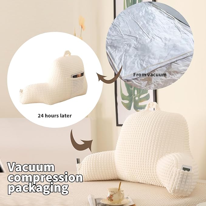 Reading Pillow with Arms for Sitting in Bed,Backrest,White Flannel,M | 17" Backrest Supports Back for College Students,Elbows & Forearms for Dorm Reading,Gaming,Watching TV