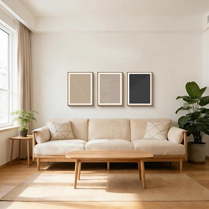 HPNIUB Abstract Neutral Framed Wall Art Set,Mid Century Modern Wall Decor,Boho Geometric Line Art Print,Beige Minimalist Textured Artwork for Living Room, Bedroom,Office-12 x16 x3