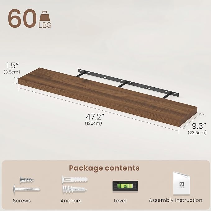 Vivelove Walnut Floating Shelves 48 Inches Long, Wall Display Shelves with Invisible Brackets, for Bathroom Living Room Kitchen Bedroom Office Farmhouse Home Decor, 48x9.3X 1.5 - Set of 2, Walnut