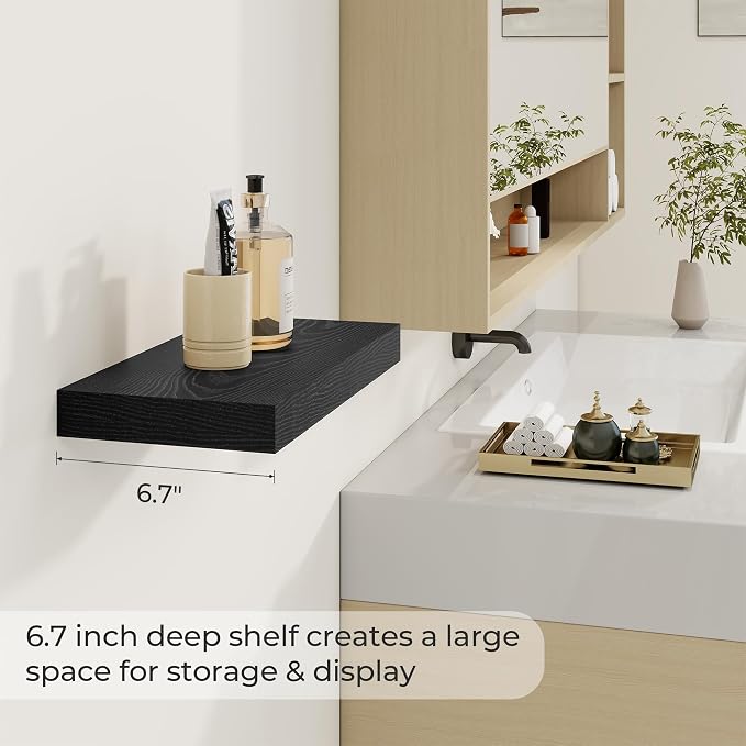 Dreamland 16" Black Floating Shelves 6.7" Deep Wall Mounted Set of 2 | Wall shelves for bathroom, bedroom, Living Room, kitchen, deep wall mount wood storage display for home decor 16" x 6.7"