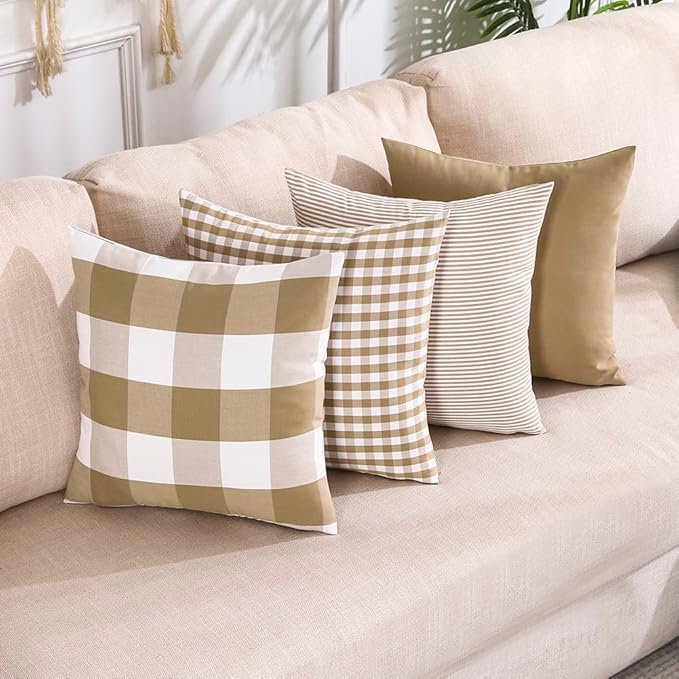 CARRIE HOME Modern Farmhouse Decor Brown Buffalo Plaid 20x20 Pillow Covers Set of 4, 20 x 20 Brown Throw Pillow Cover, Khaki Buffalo Check Decorative Cushion Pillows for Bedroom and Living Room