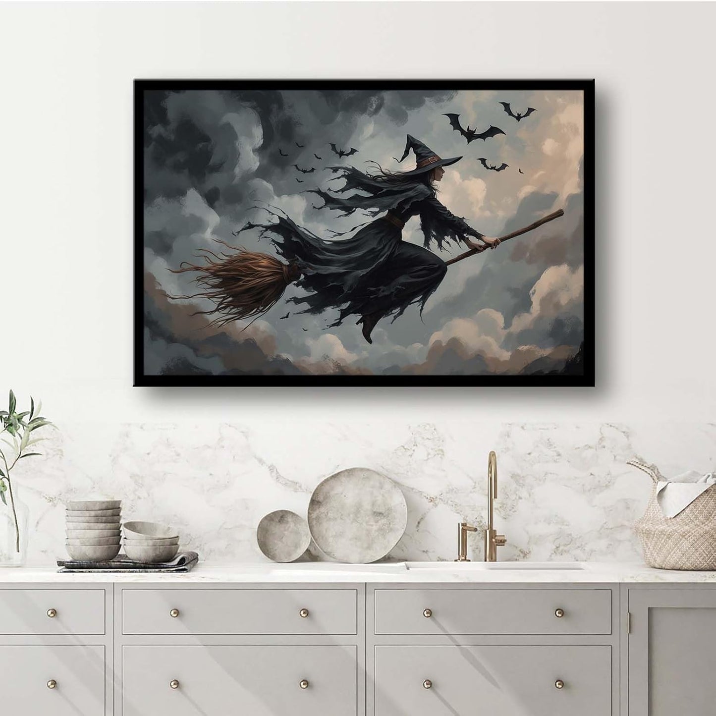 JFHCQJPK Witch and bat flying Halloween poster suitable for home party wall decoration retro Halloween preppy style wall art canvas print suitable for room decoration12x16in Metal blackFramed