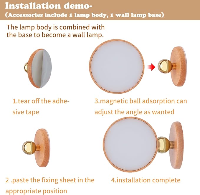 LANDGOO Wood Wall Sconce, Sapele Wood Magnetic 360° Rotatable Cordless Bedside Lamp Set, Rechargeable & Dimmable LED Lights with Touch Control, Wireless Wall Mount for Bedroom