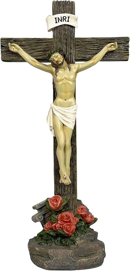 JORAE Jesus Crucifix Statue Standing Cross Decoration Praying Religious Figurine Jesus Christ Catholic Display Resin Tabletop Home Decor, 10" H