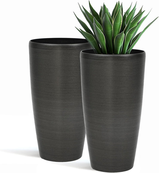 22.8" Resin Planters for Outdoor Plants, Set of 2 Modern Large Flower Pots with Handmade Brushed Metal Finish, Weather Resistant for Indoor/Outdoor Year-Round Use