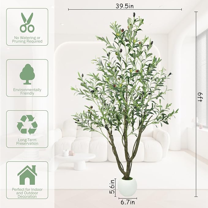 Caxchiling Artificial Olive Tree 5FT, Indoor Outdoor Faux Tree | Natural Trunk with Olive Fruits and Buds in White Planter for Home Office Living Room