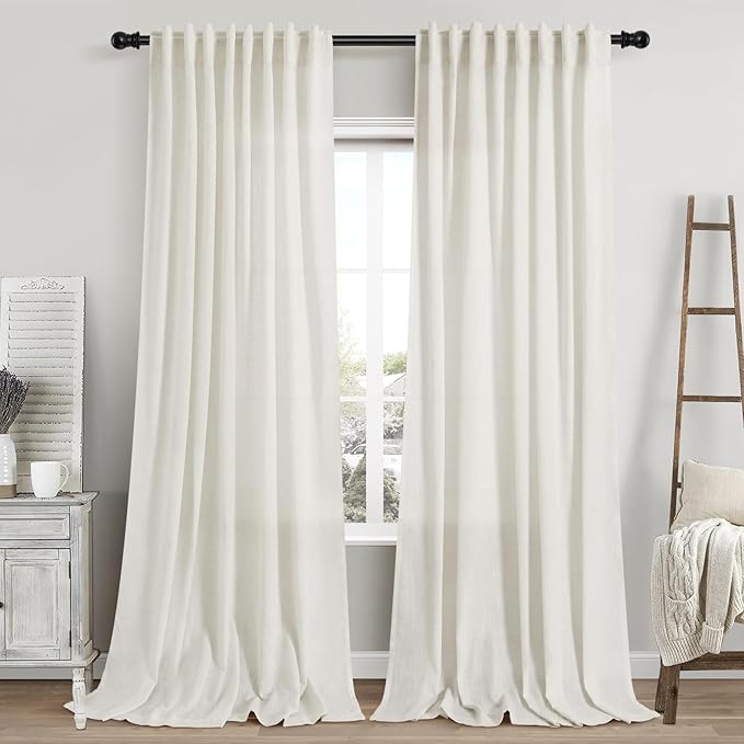 Cream Linen Curtains 108 Inches Long 2 Panels Back Tab Rod Pocket Modern Farmhouse Linen Light Filtering Curtains Cream Extra Long Semi Sheer Curtain Drapes for Living Room Bedroom 9Ft 60x108