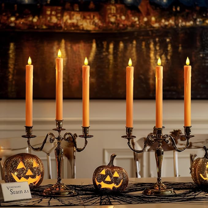 Homemory 6 Pcs Orange Flameless Taper Candles with Remote, Timer, Dimmer, Battery Operated CandleSticks with Flickering Light, Plastic Led Window Candles, for Halloween Decoration 9.6 Inches