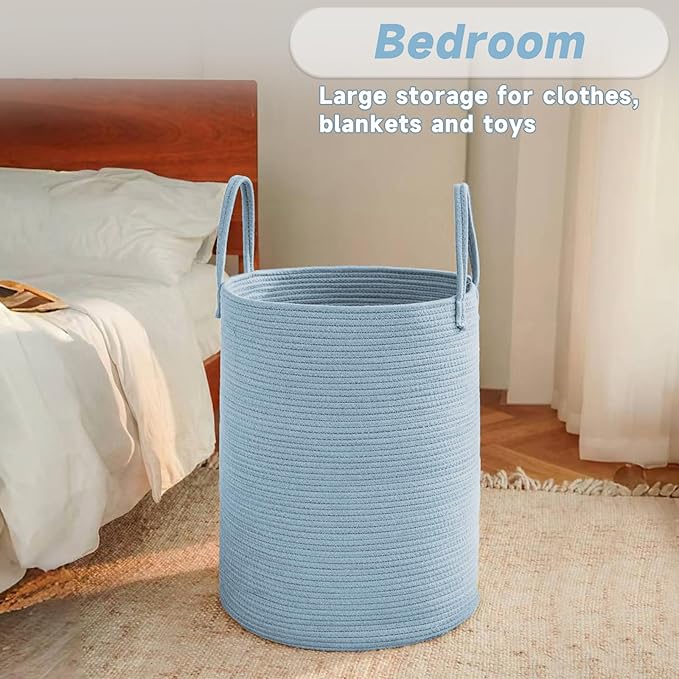JMvicyroam Large Woven Laundry Basket Hamper,80L Cotton Rope Storage Bin for Blankets,Toys and Clothes,Decorative Tall Nursery Hamper for Living Room,Baby Nursery,Bathroom and Bedroom,Blue