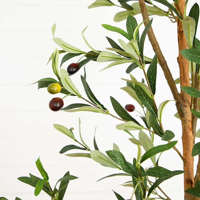 Nearly Natural Olive Tree Artificial Indoor 7FT Tall Silk Faux Olive Tree for Home and Office Decor, Fake Potted Olive Tree with Natural Wood Trunk, Realistic Olive Tree Branches and Lifelike Fruits