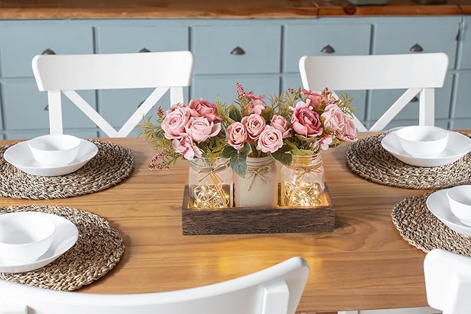 Mkono Mason Jar Lights Centerpiece Table Decorations For Dining Room Farmhouse Table Decor Tray With 3 Jars Flowers Arrangement Valentines Day Decor For Kitchen Living Room Wedding, Pink
