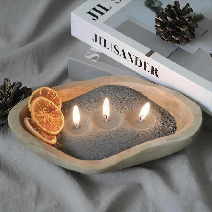 GrusoSP Reusable Wooden Dough Bowl Candle with 18 Oz Pearled Candle Sand and 30 Wicks Unscented Palm Sand Wax Refillable Powder Candles DIY Wax Making Kit (Grey)