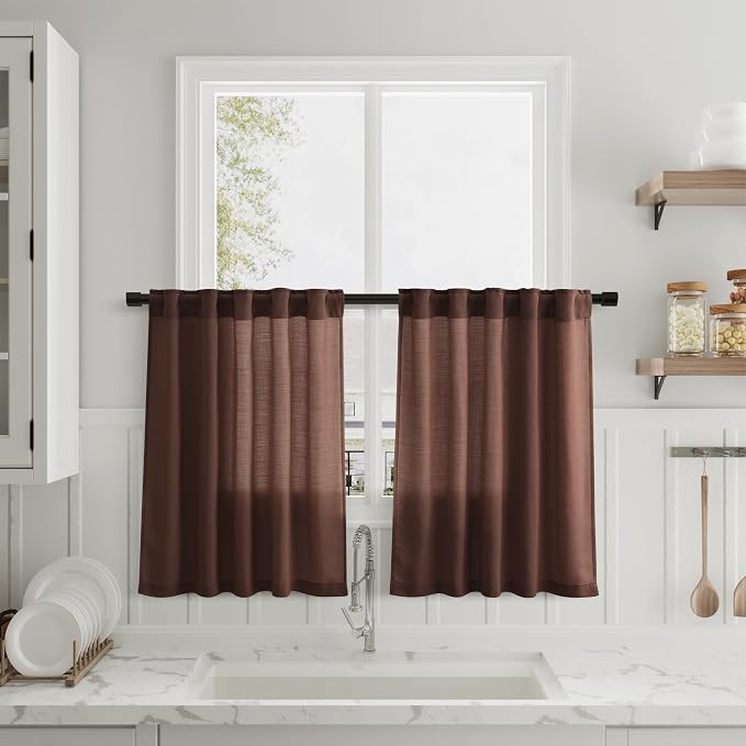 Rustic Brown Kitchen Tier Curtains 24 Inch Length Linen Blend Privacy French Country Light Filtering Short Curtain with Rod Pocket Back Tab for Over Sink Window Bathroom Laundry 2 Panels 30Wx24L