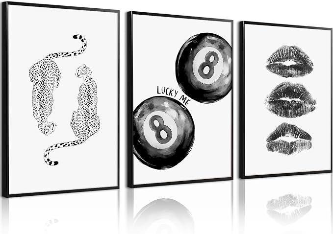 Trendy Leopard Wall Art Cheetah Canvas Prints Black 8 Ball Wall Decor Preppy Aesthetic Poster Lucky Leopard Pictures Funky Painting Retro Kiss Artwork for Bedroom Living Room 12x16x3 Inch Unframed