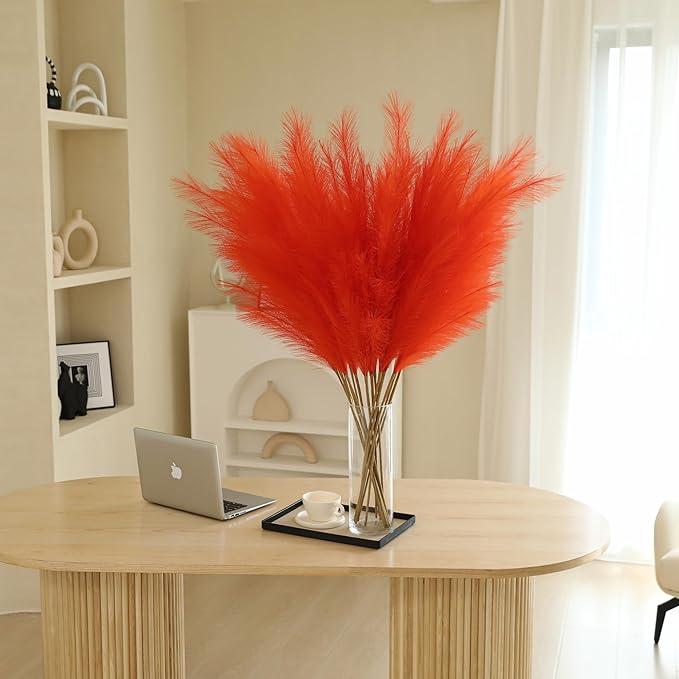Wertuirk Orange Pampas Grass Decor- 45-Inch Set of 8 | Tall Faux Pampas Grass Soft and Fluffy | Large Artificial Pompas Floral | Perfect for Living Room, Office and Wedding Party Centerpieces