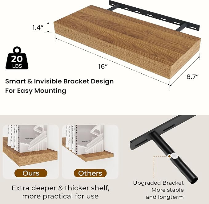 Dreamland 16" Walnut Floating Shelves 6.7" Deep Wall Mounted Set of 2 | Wall shelves for bathroom, bedroom, Living Room, kitchen, deep wall mount wood storage display for home decor 16" x 6.7"