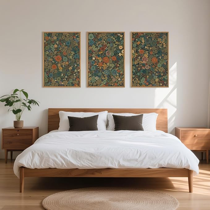 DRACIT Large Vintage Boho Floral Framed Canvas Wall Art Set,Antique Colorful Botanical Flower Wall Decor,Retro Nature Blossom Wildflowers Art Print for Living Room,Bedroom, Office-16”×24”×3