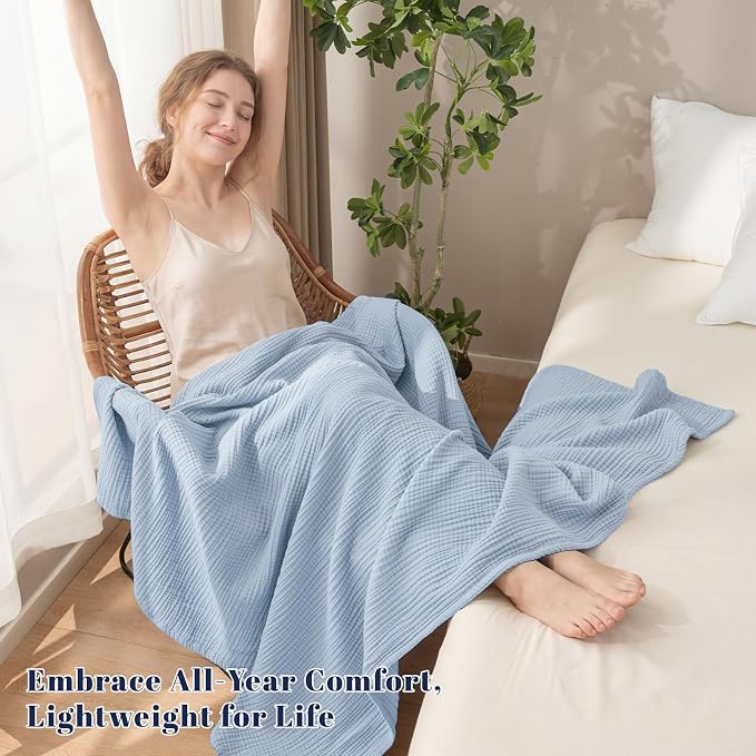 PHF 100% Cotton Muslin Throw XL Blanket Large 50" x 70", 4-Layer Lightweight Gauze Throw, Breathable Cloud-Soft Minimalist Blanket for Bed, Couch, Camping & Baby, Ancient Water, Ideal Gift