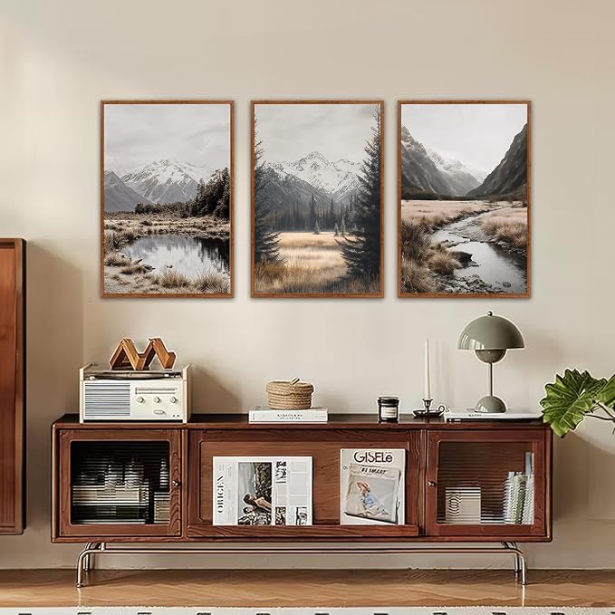 LHIUEM Snowy Mountain Framed Canvas Wall Art,Modern Winter Wall Decor,Neutral Pine Tree Painting,Misty Forest Landscape Artwork for Living Room,Bedroom,Dining Room -16"x24"x3